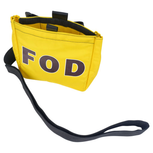 Top down right angle view of FOD bag with belt standing up