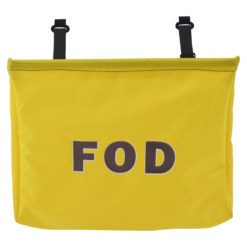 Yellow hanging bag organizer facing front with bold black FOD letters and two adjustable black hanging straps.