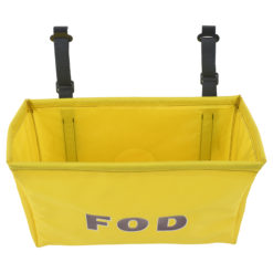 Yellow hanging bag organizer facing top with open interior, black hanging straps, and FOD text on front panel.