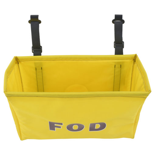 Yellow hanging bag organizer facing top with open interior, black hanging straps, and FOD text on front panel.