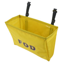 Yellow hanging bag organizer facing top-right with open interior, black straps, and bold FOD text on front.