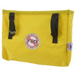 Yellow hanging bag organizer facing front with black straps, FOD label, and Made in USA tag on the right.