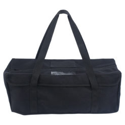 Large tool bag in black, facing directly forward, features dual handles and zippered top for tool organization.