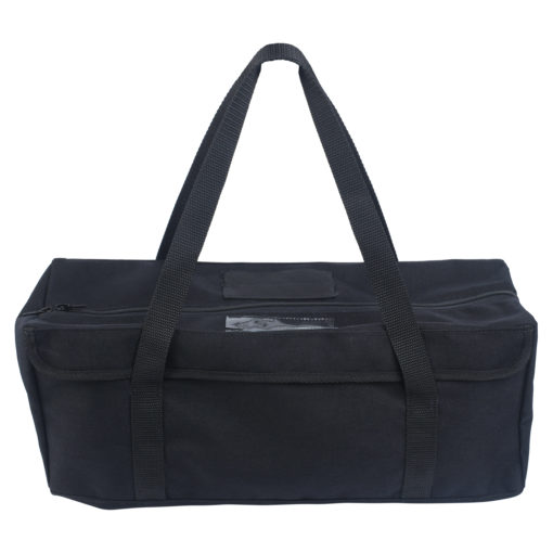 Large tool bag in black, facing directly forward, features dual handles and zippered top for tool organization.