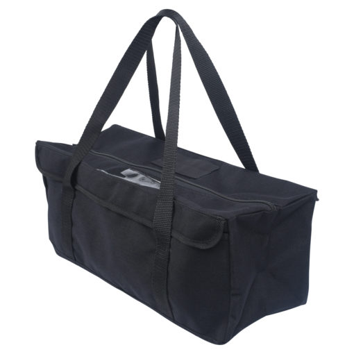 Large black tool bag facing back-left, with reinforced handles and zipper top, ideal for tool storage and transport.