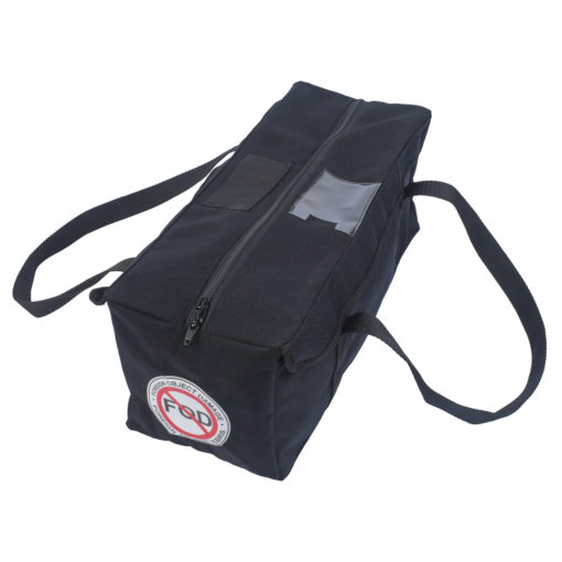 Large tool bag facing top-right with black fabric, long handles, zip closure, and visible FOD label.