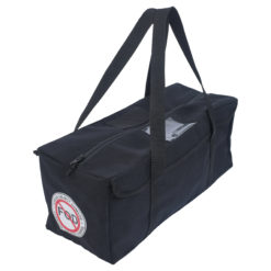Large tool bag in black fabric, facing front-right, with zipper top and durable handles for heavy-duty storage.