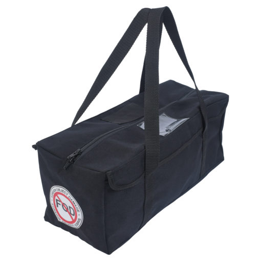 Large tool bag in black fabric, facing front-right, with zipper top and durable handles for heavy-duty storage.