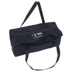 Large tool bag facing top-left with black canvas, dual handles, zipper closure, and circular FOD patch.