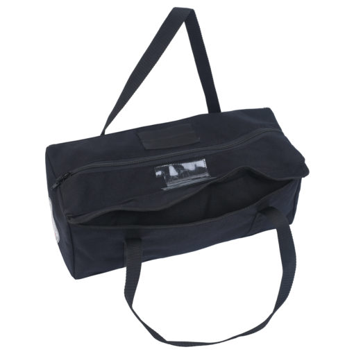 Large tool bag facing top-left with black canvas, dual handles, zipper closure, and circular FOD patch.
