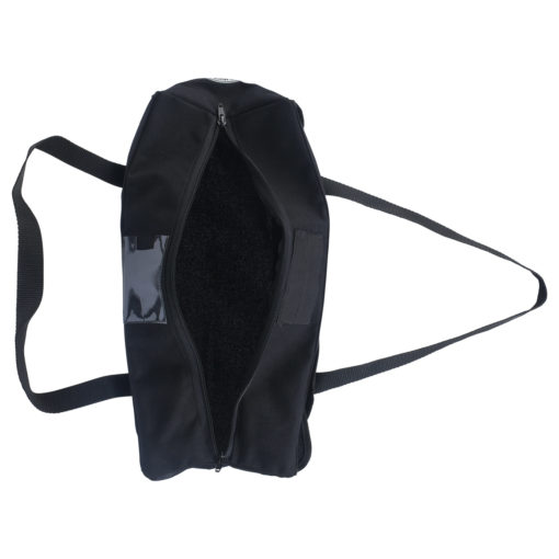 Large tool bag facing top with open zipper, black straps, ID window, and visible FOD patch on left side.