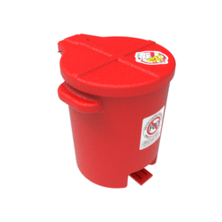 Top right down angle view of 6-gallon red FOD bin.
