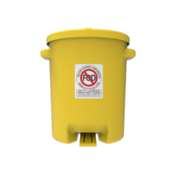 Front view of a 6-gallon yellow FOD container, designed for safe storage of foreign object debris with anti-FOD sticker