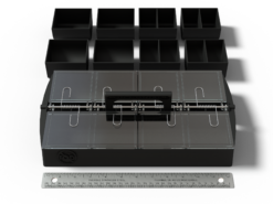 Compartment divider system facing front with removable bins, clear latching lid, handle, and 12-inch ruler.