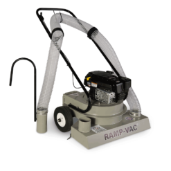 FOD control walk behind vacuum sweeper facing left with RAMP-VAC branding, dual hoses, and visible engine.