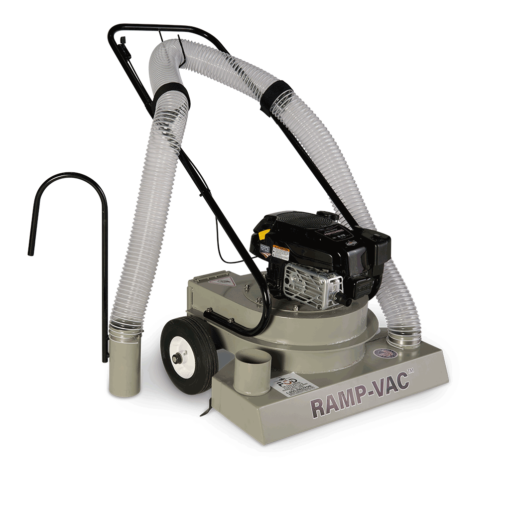 FOD control walk behind vacuum sweeper facing left with RAMP-VAC branding, dual hoses, and visible engine.