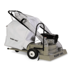FOD control walk behind vacuum sweeper facing front-left with white RAMP-VAC bag, engine, and dual hoses.