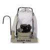 FOD control walk behind vacuum sweeper facing front with dual hoses, engine, white filter bag, and RAMP-VAC label.