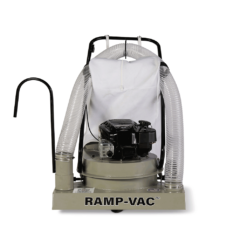 FOD control walk behind vacuum sweeper facing front with dual hoses, engine, white filter bag, and RAMP-VAC label.