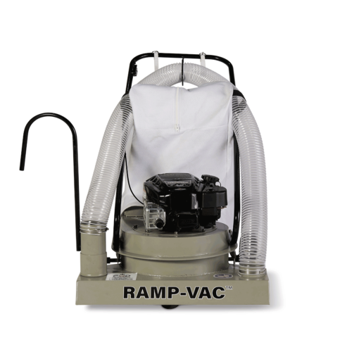 FOD control walk behind vacuum sweeper facing front with dual hoses, engine, white filter bag, and RAMP-VAC label.