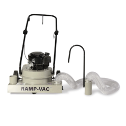 FOD control walk behind vacuum sweeper facing front with RAMP-VAC branding, exposed engine, and extended hose.