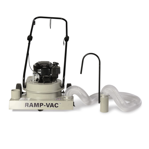 FOD control walk behind vacuum sweeper facing front with RAMP-VAC branding, exposed engine, and extended hose.
