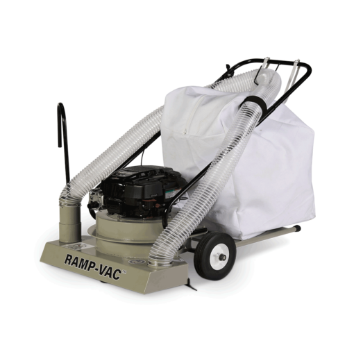 FOD control walk behind vacuum sweeper facing front-right with RAMP-VAC label, engine, hoses, and white bag.
