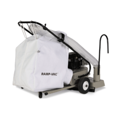 FOD control walk behind vacuum sweeper facing right with RAMP-VAC label, white filter bag, and clear hose.