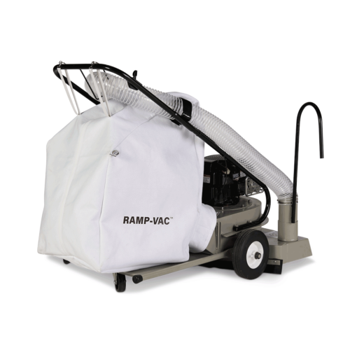 FOD control walk behind vacuum sweeper facing right with RAMP-VAC label, white filter bag, and clear hose.