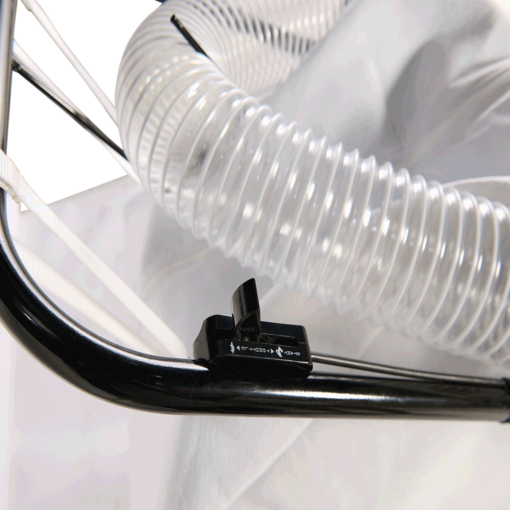 Close-up of FOD control walk behind vacuum sweeper handle, showing control lever, hose, and white filter bag.