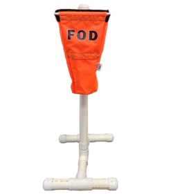 Front view of a tree stand for small cone FOD bags
