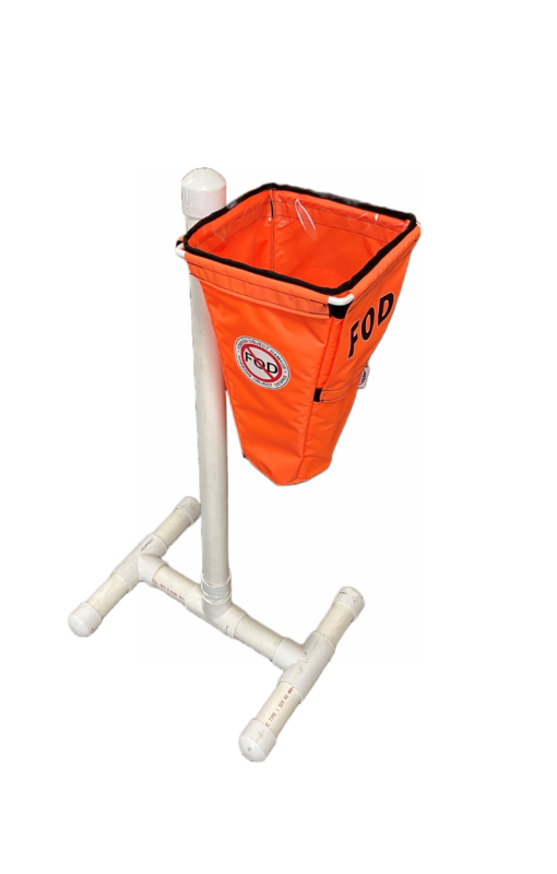 Top down left angle view of a tree stand for small cone FOD bags